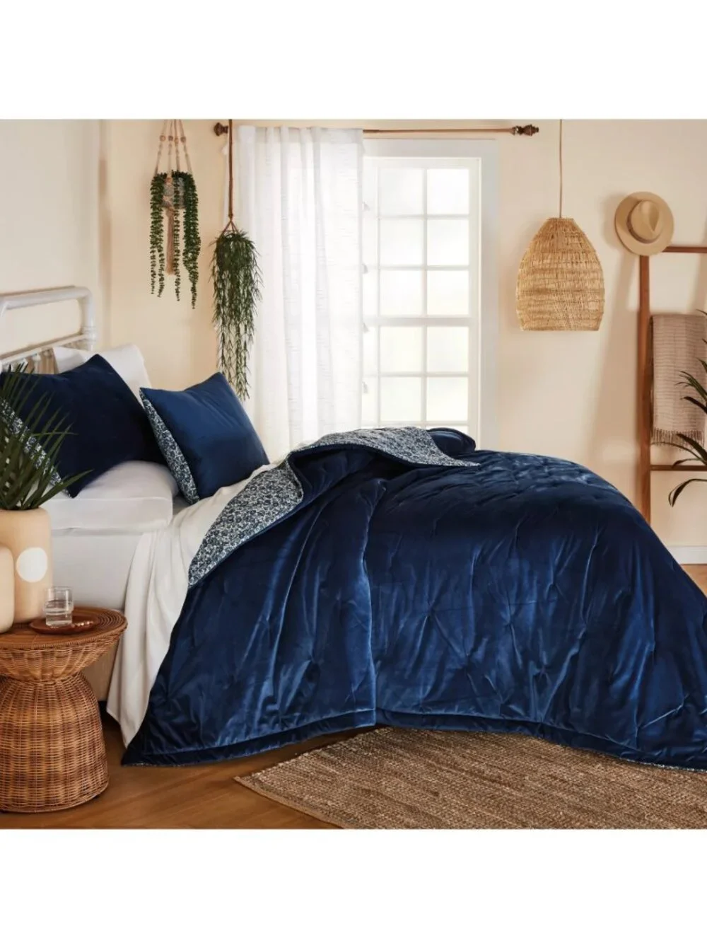 3-pc DENIM BLUE Wild Sage Velvet Floral Reversible FULL QUEEN Quilt Set NOT Navy